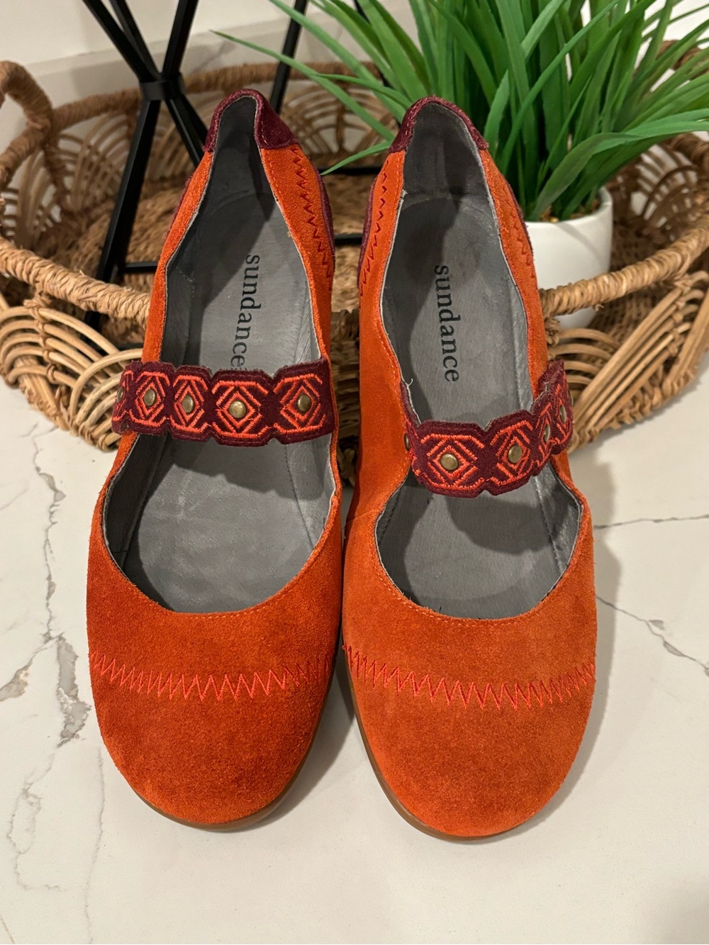 Sundance Mary Janes Suede Rust Embroidered Bohemian Patterned Strap Womens 38
